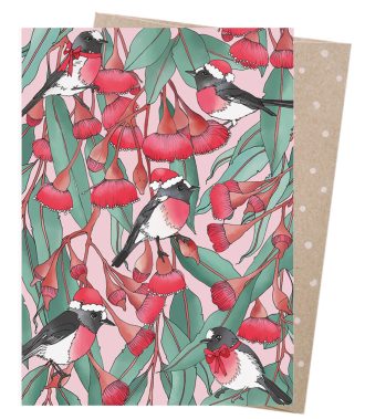 Christmas card with Eucalyptus leucoxylon Rosea and Scarlet Wrens